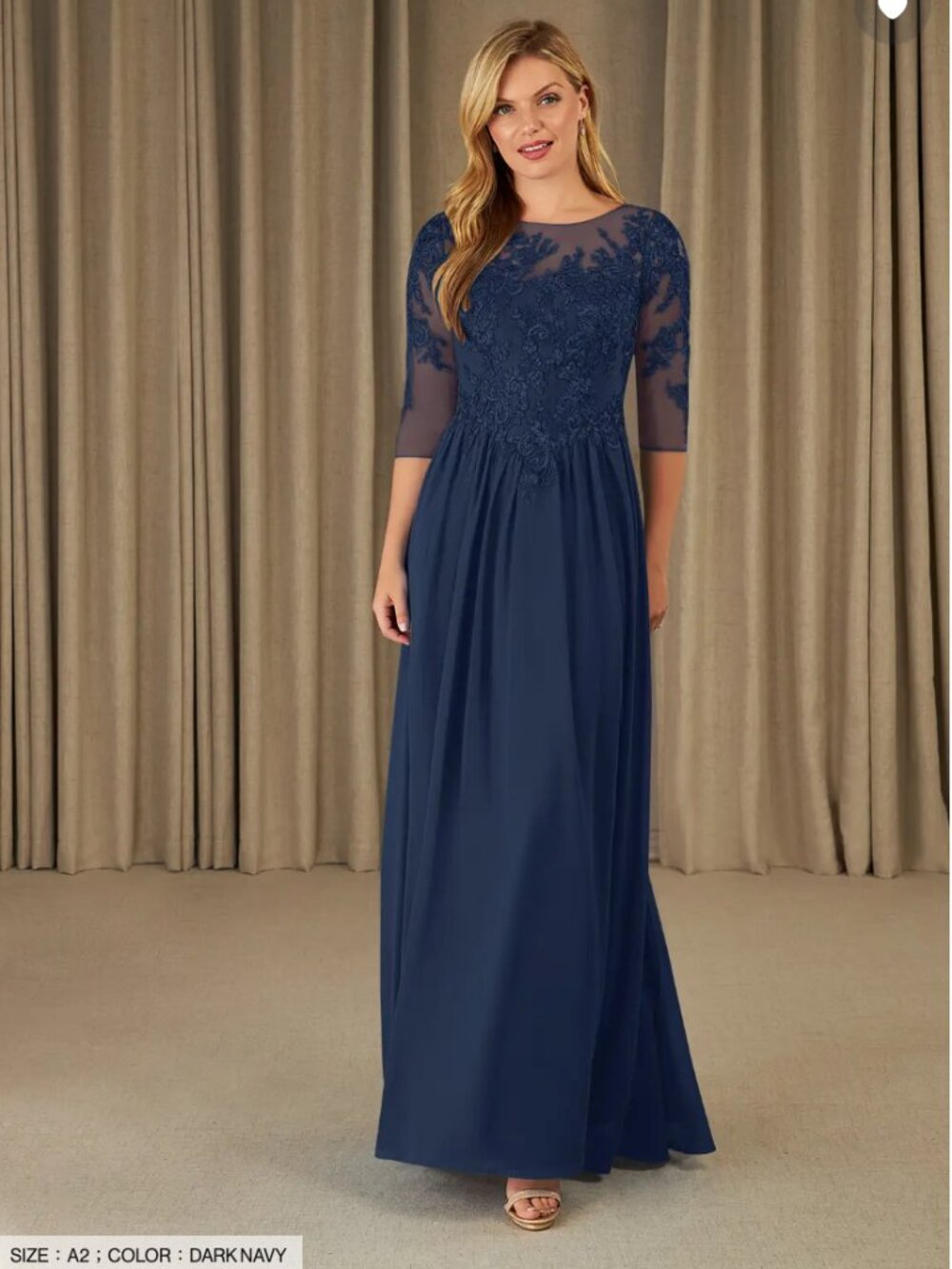 Azazie Mirielle Dark Navy A-Line Scoop Lace Chiffon Dress - Size 10